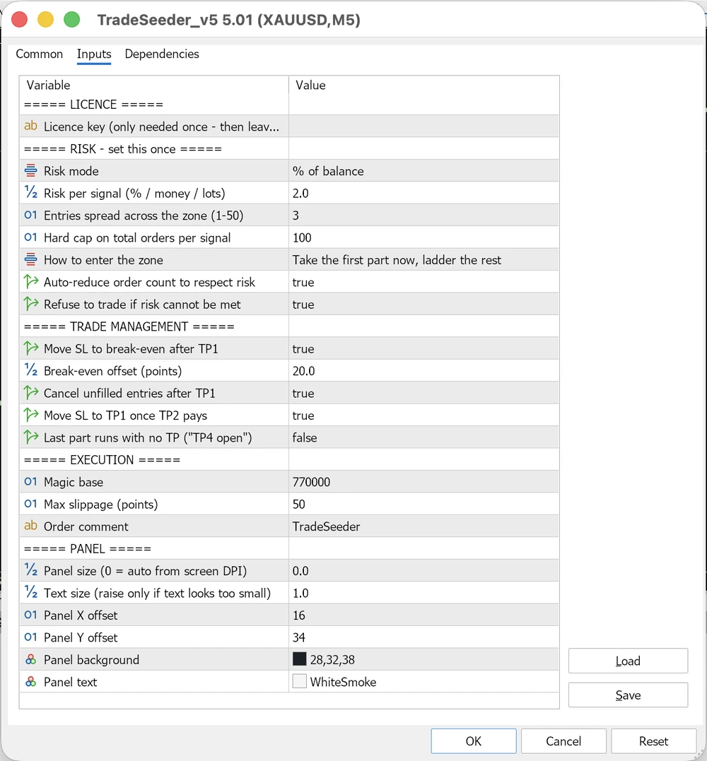 The TradeSeeder settings dialog in MetaTrader 5, showing risk mode, risk per signal, entries across the zone, break-even and target management options.
